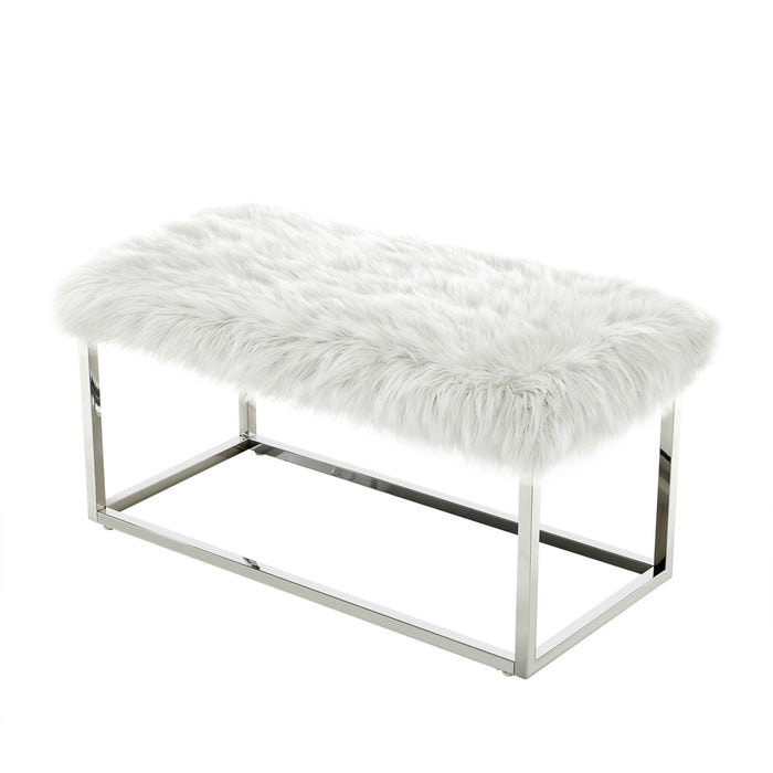 Upholstered Faux Fur Bench - White / Silver