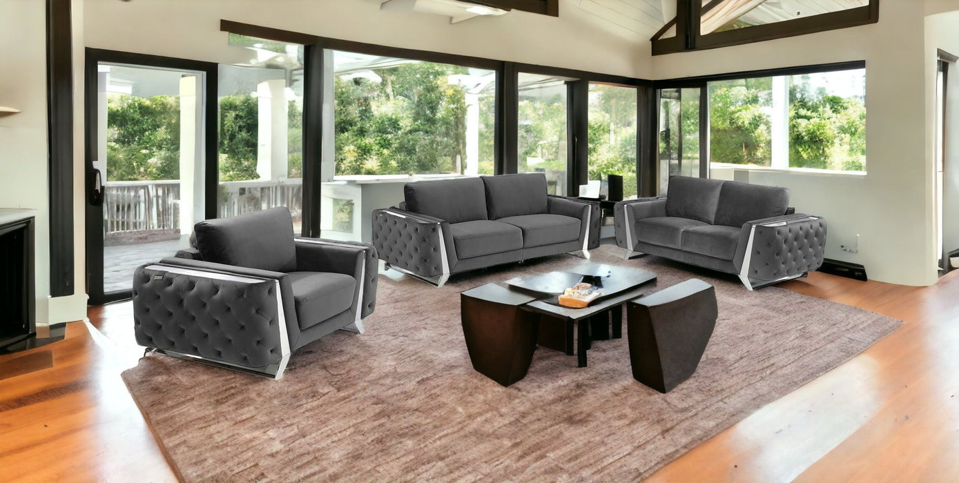 Three Piece Indoor Velvet Six Person Seating Set - Dark Gray