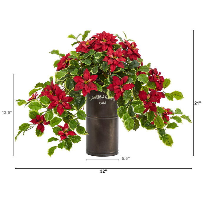 21" Poinsettia and Holly Plant in Planter (Real Touch)