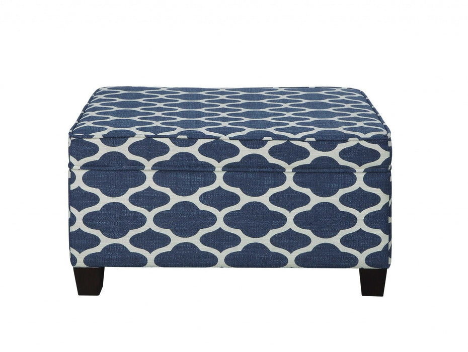 Upholstered Linen Blend Geometric Bench With Flip Top - Blue / White / Black