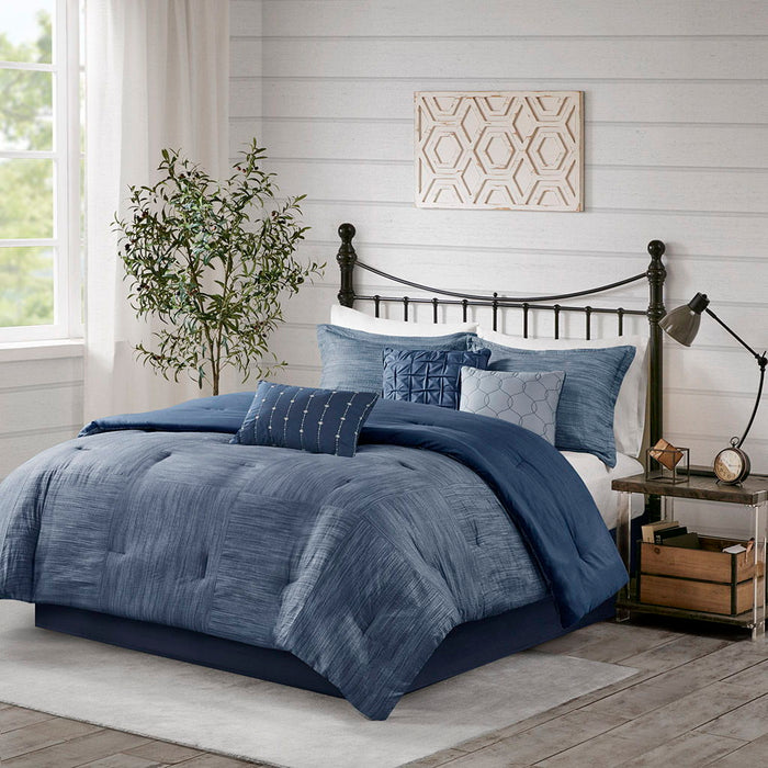 Walter - King 7 Piece Printed Comforter Set - Navy