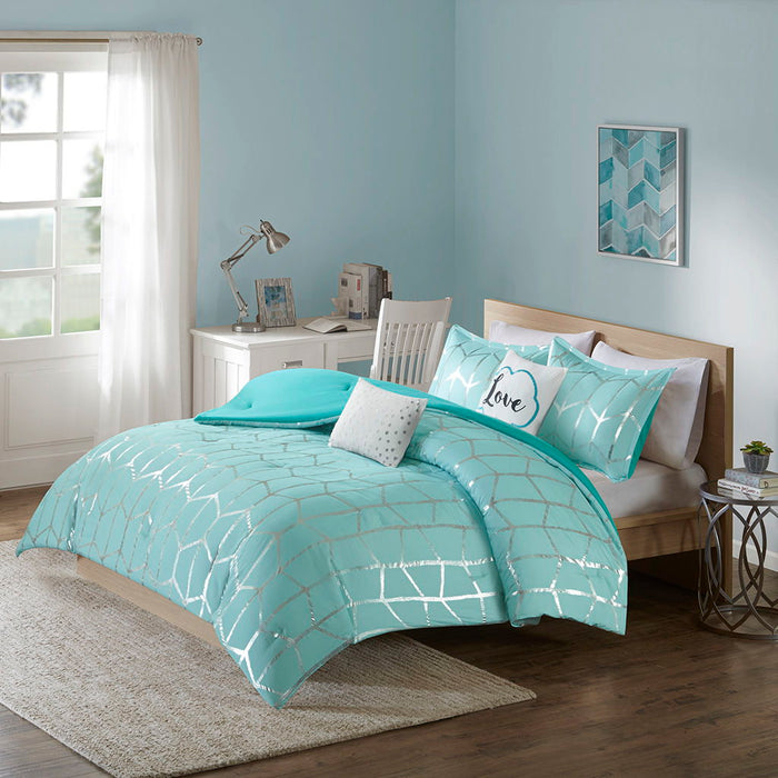 Raina - King Metallic Printed Comforter Set - Aqua / Silver