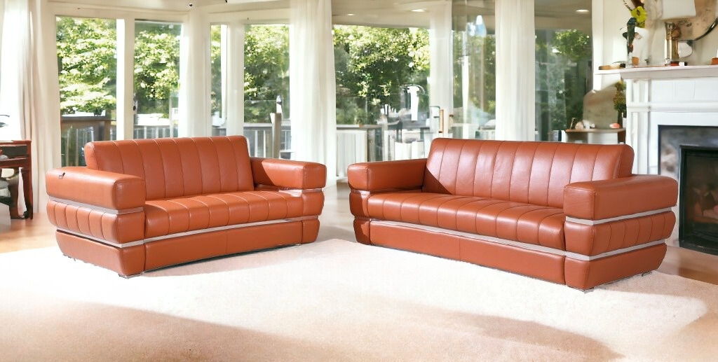 2 Piece Five Person Indoor Seating Set Italian Leather - Camel