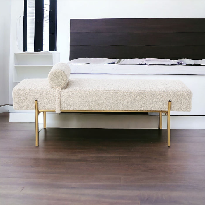 Upholstered Sherpa Bench - Beige / Gold