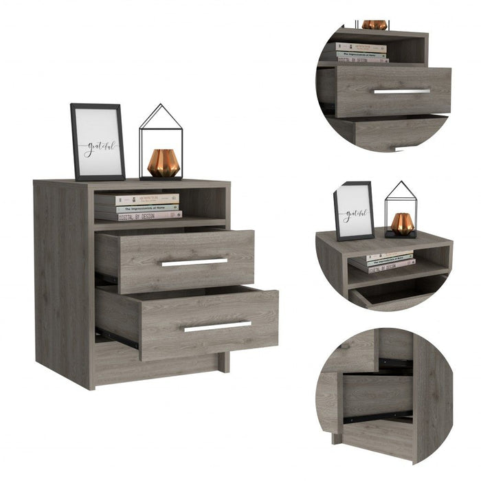 Open Compartment Two Drawer Nightstand - Light Gray