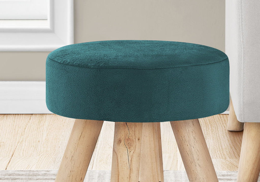 Velvet Round Ottoman - Teal Blue / Natural