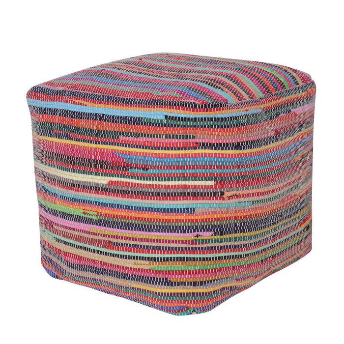 Cotton Cube Striped Pouf Ottoman - Red