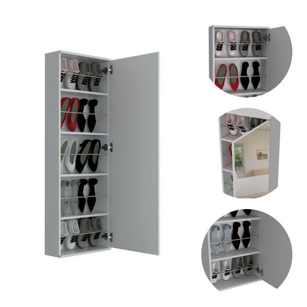 Stylish Wall Mounted Shoe Rack With Mirror - White