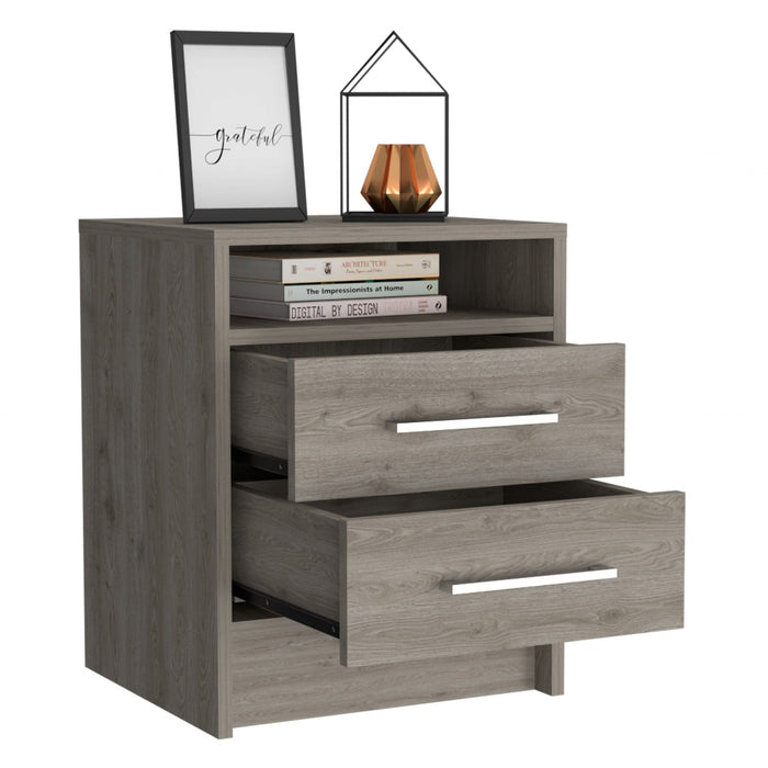 Open Compartment Two Drawer Nightstand - Light Gray