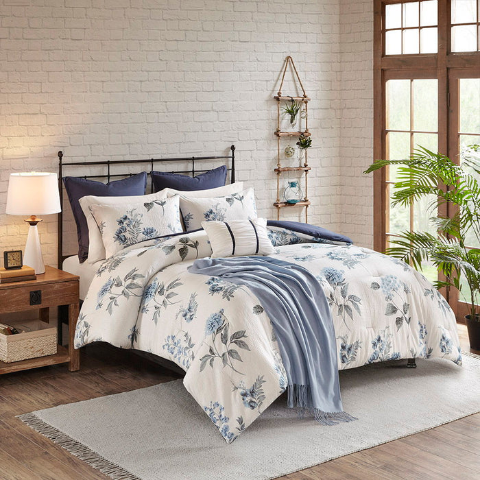 Zennia - 7 Piece Printed Comforter Set With Throw Blanket - Blue