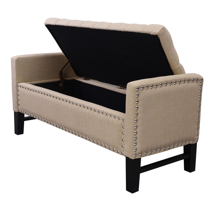 Upholstered Linen Bench With Flip Top - Beige / Black