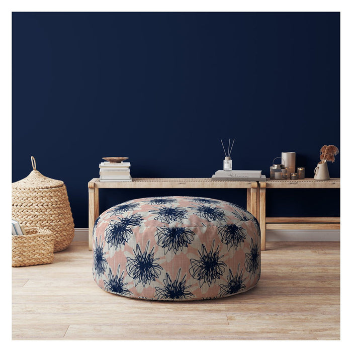 Canvas Round Floral Pouf Ottoman - Pink / Blue