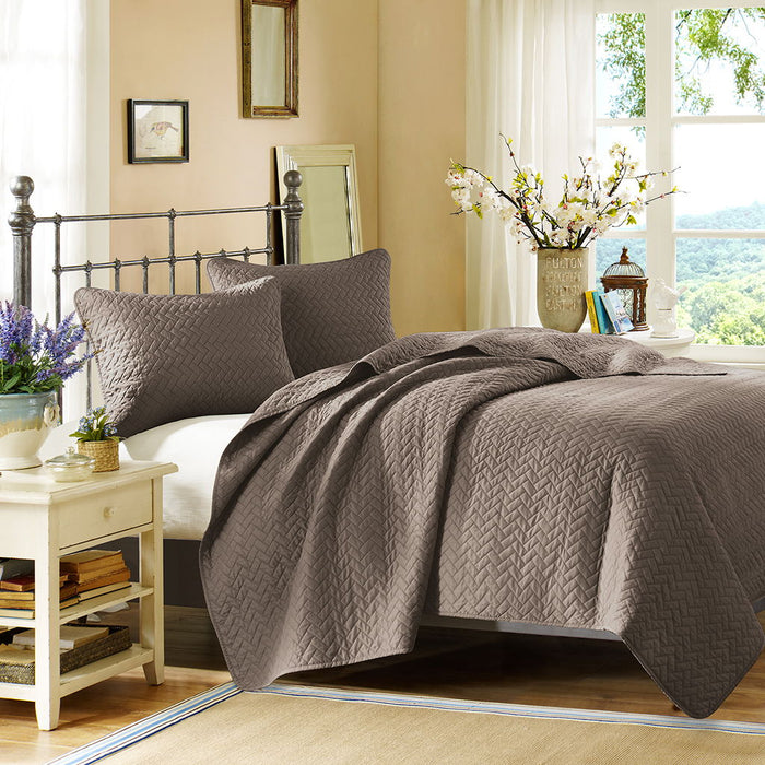 Velvet Touch - Queen 3 Piece Luxurious Oversized Quilted Coverlet Set - Taupe