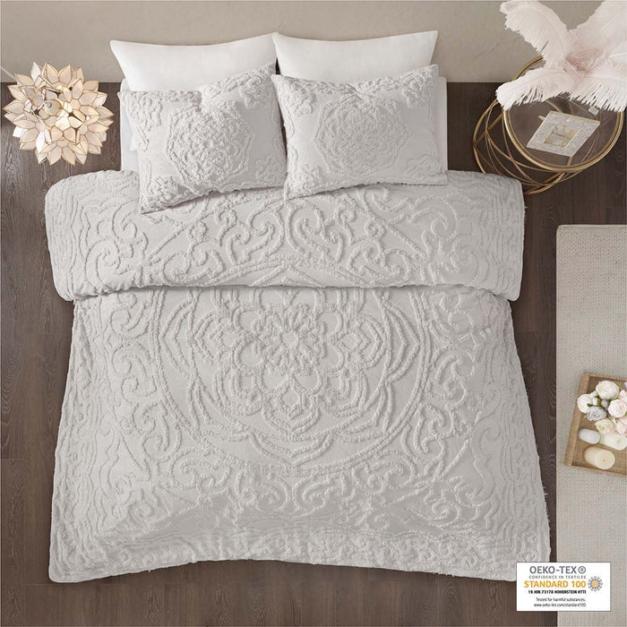 Laetitia - 3-Piece Tufted Medallion Duvet Cover Set - Gray