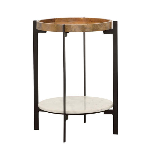 Adhvik - Round Accent Table With Marble Shelf - Natural And Black - Simple Home Plus