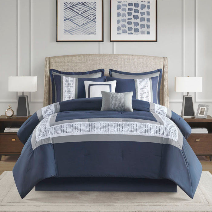 Powell - King Embroidered Comforter (Set of 8) - Navy