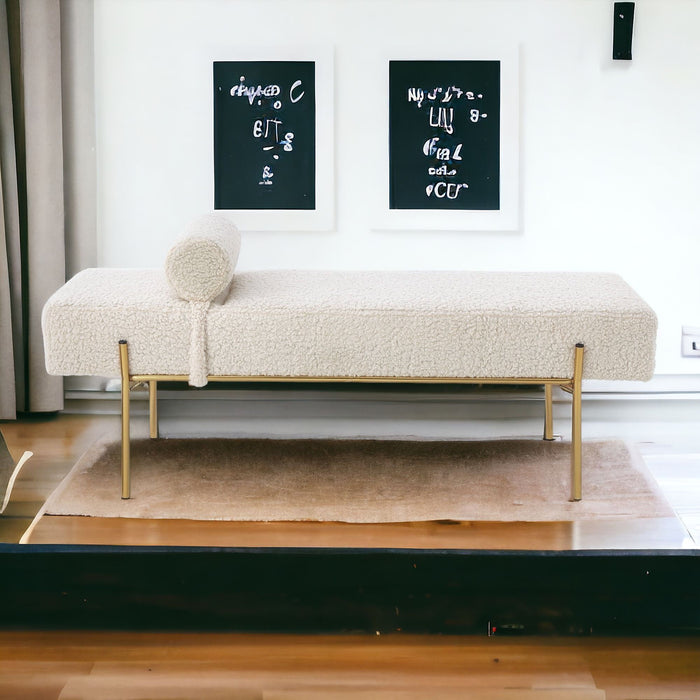 Upholstered Sherpa Bench - Beige / Gold