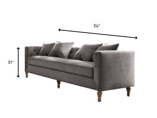 Velvet Sofa And Toss Pillows With Brown Legs - Gray