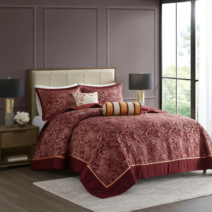 Aubrey - 5 Piece Jacquard Bedspread Set With Throw Pillows - Burgundy