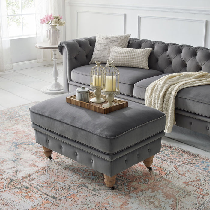 Velvet And Natural Rolling Tufted Cocktail Ottoman - Gray