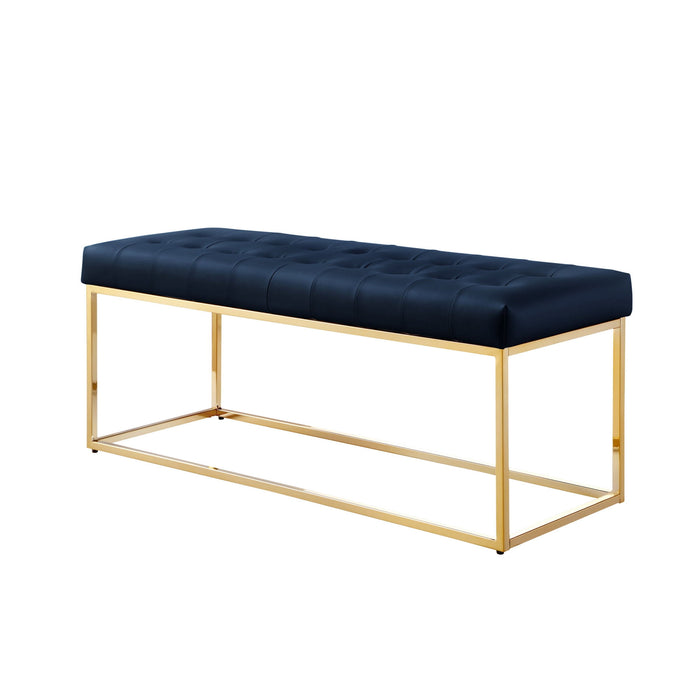 Upholstered Faux Leather Bench - Navy Blue / Gold