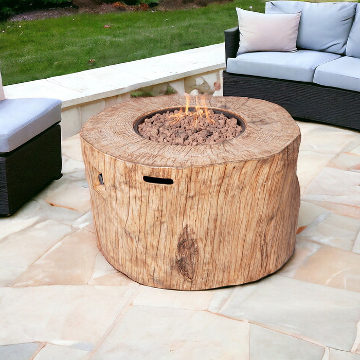 Faux Wood Stump Propane Round Fire Pit With Cover - Brown