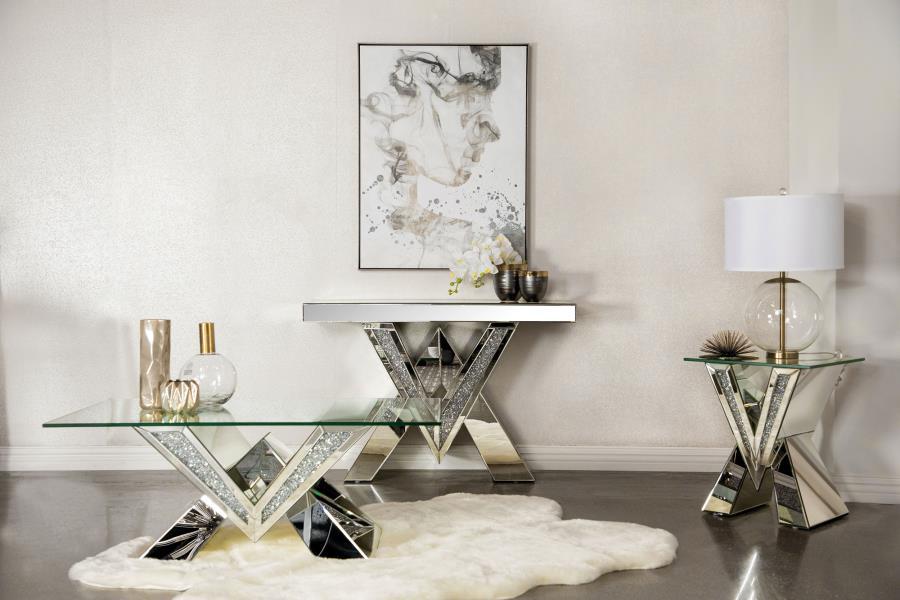 Taffeta - V-Shaped Sofa Table With Glass Top - Silver - Simple Home Plus