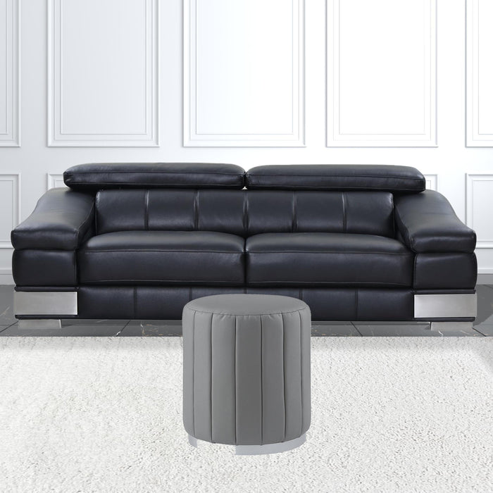 Faux Leather Round Ottoman - Gray / Silver