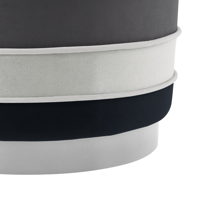 Velvet Round Striped Ottoman - Black / Silver