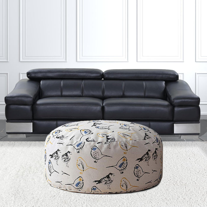 Canvas Round Birds Pouf Cover - Yellow / White