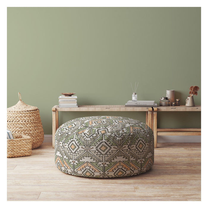 Cotton Round Damask Pouf Ottoman - Orange