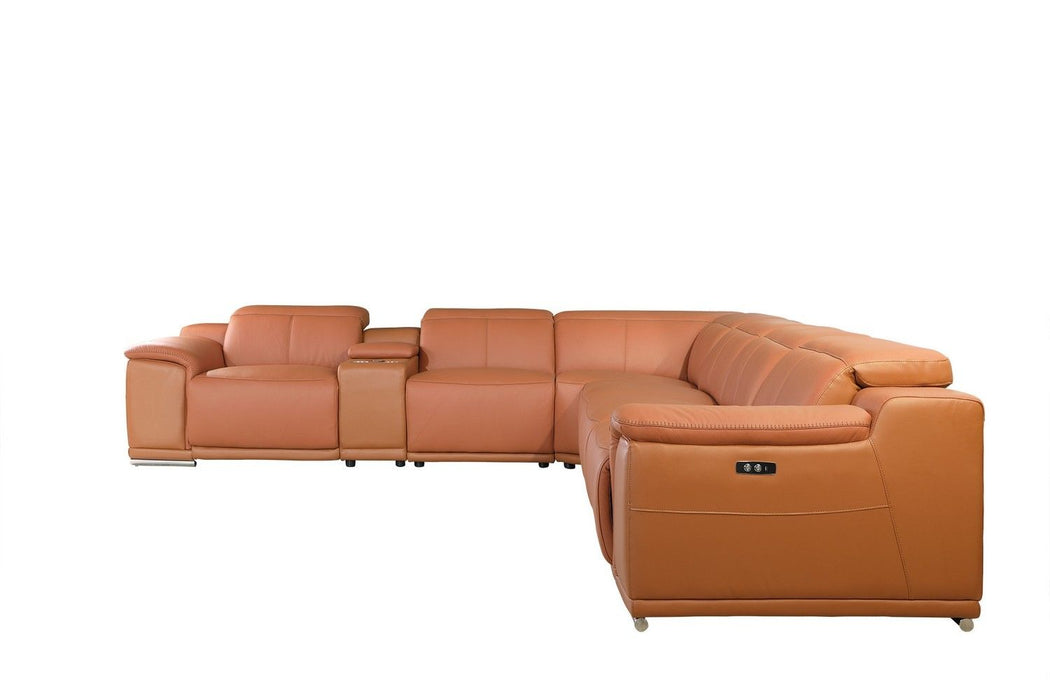 Power Reclining Italian Leather U Shaped Seven Piece Corner Sectional With Console - Camel