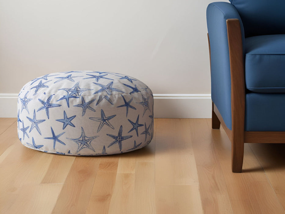 Canvas Round Abstract Pouf Ottoman - Blue / White