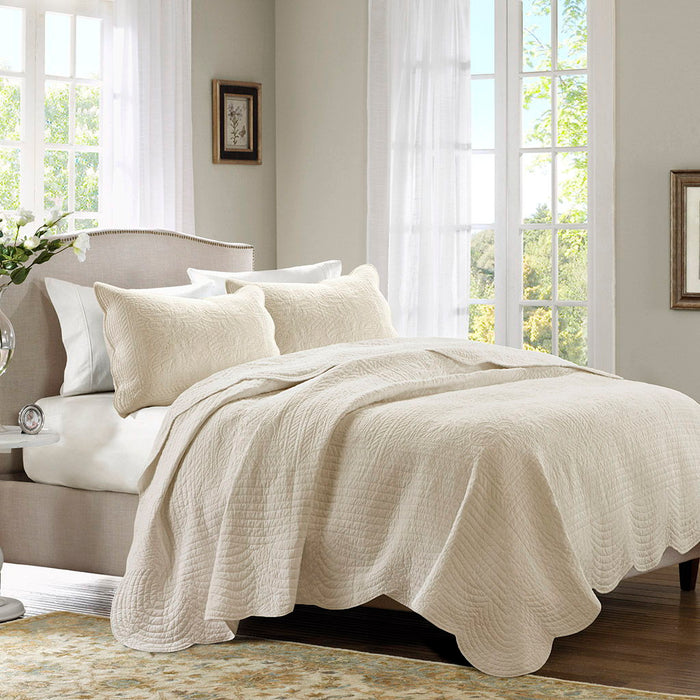 Tuscany - King 3 Piece Reversible Scalloped Edge Coverlet Set - Cream