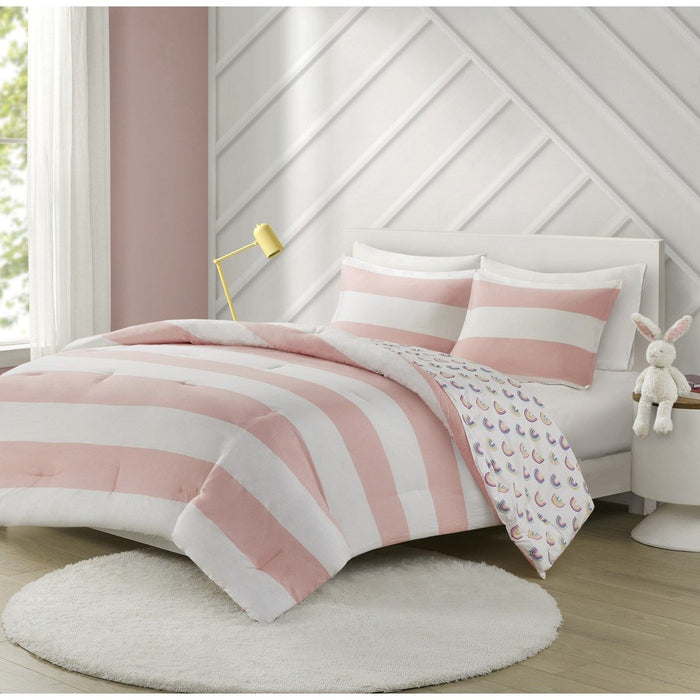 Sammie - Full Cotton Cabana Stripe Reversible Comforter Set With Rainbow Reverse - Pink