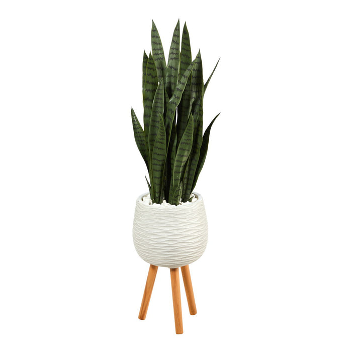 46" Sansevieria Artificial Plant in White Planter with Stand