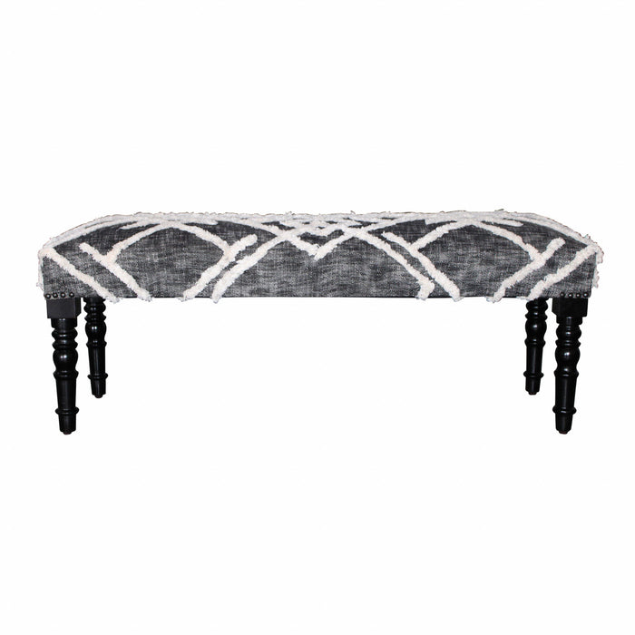 Geometric Cotton Upholstered Distressed Bench - Gray / White