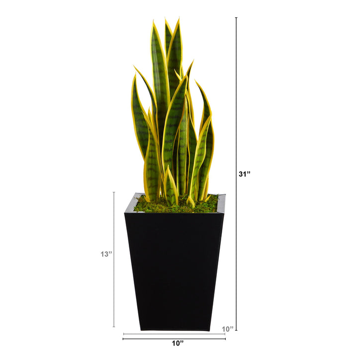 31" Sansevieria Artificial Plant in Black Metal Planter