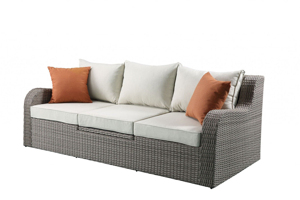 Three Piece Outdoor Wicker Sectional Seating Group With Beige Cushions - Gray