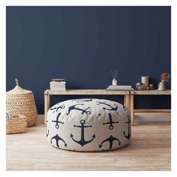 Canvas Round Anchor Pouf Cover - Blue