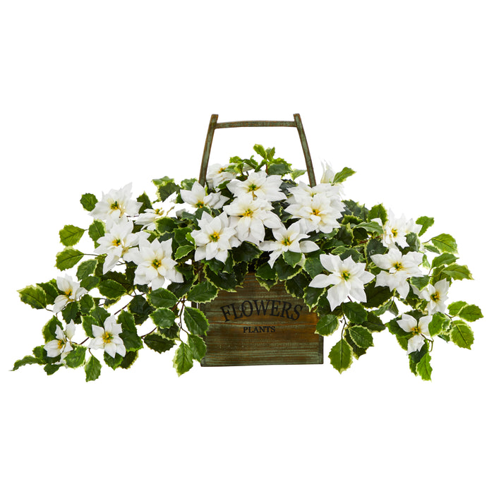 18" Poinsettia and Holly Plant in Basket (Real Touch)