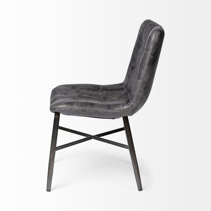 Leather Seat With Black Metal Frame Dining Chair - Black