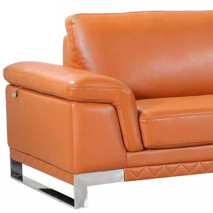 Italian Leather Sofa With Silver Legs - Orange