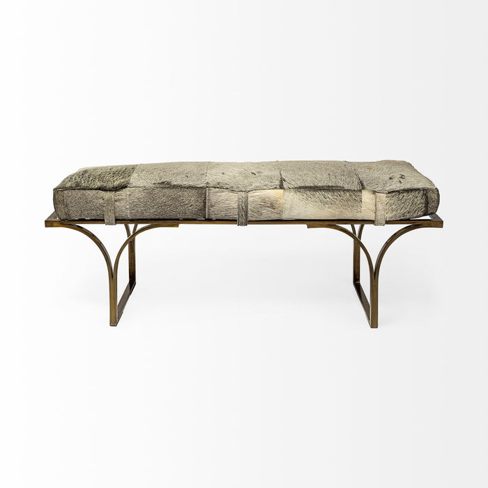 Upholstered Faux Fur Bench - Gray / Antiqued Brass