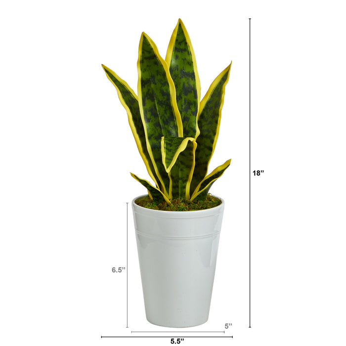 18" Sansevieria Artificial Plant in White Planter