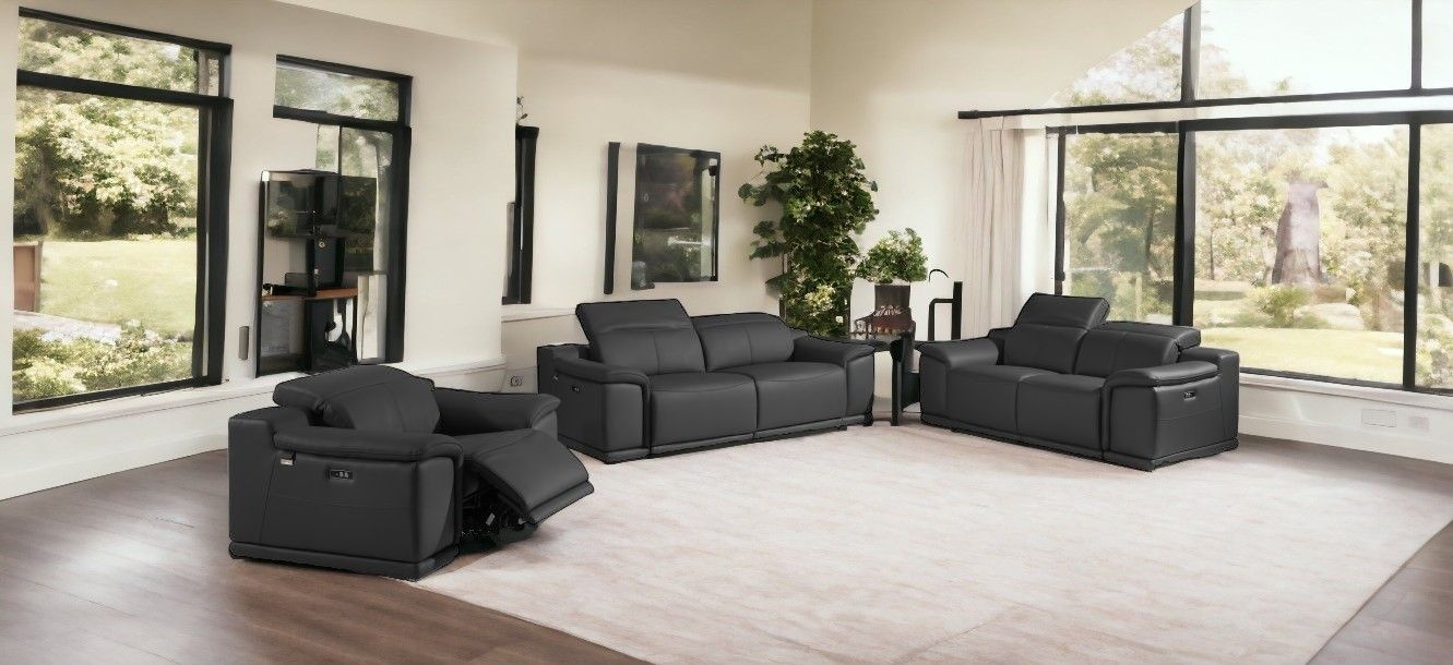 Three Piece Six Person Seating Set Indoor Italian Leather - Dark Gray