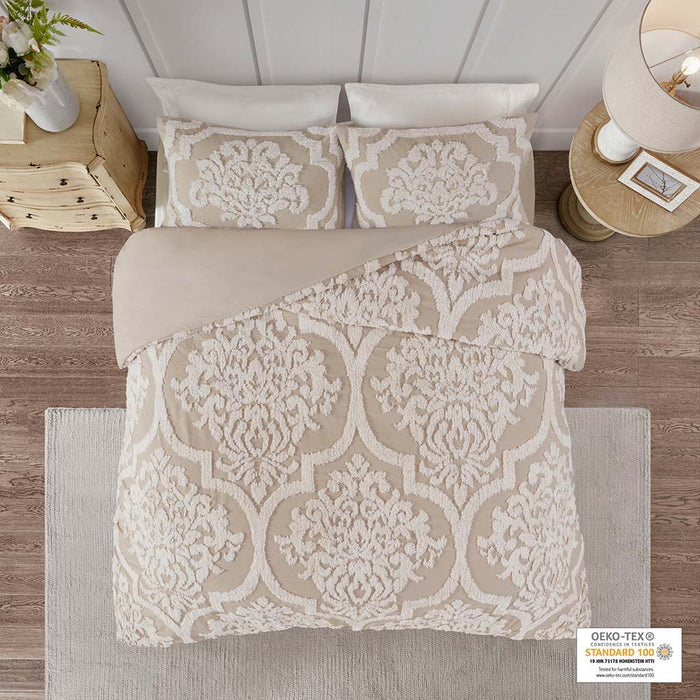 Viola - King 3 Piece Tufted Damask Duvet Cover Set - Taupe