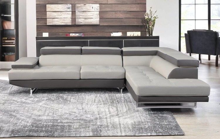 L Shaped Leather Two Piece Corner Sectional - Gray