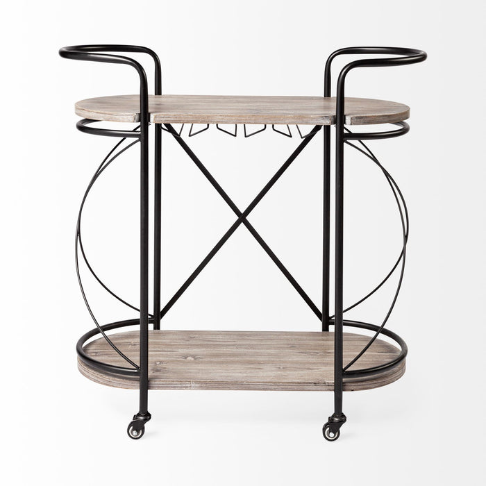 Cyclider Metal With Two Wooden Shelves Bar Cart - Black