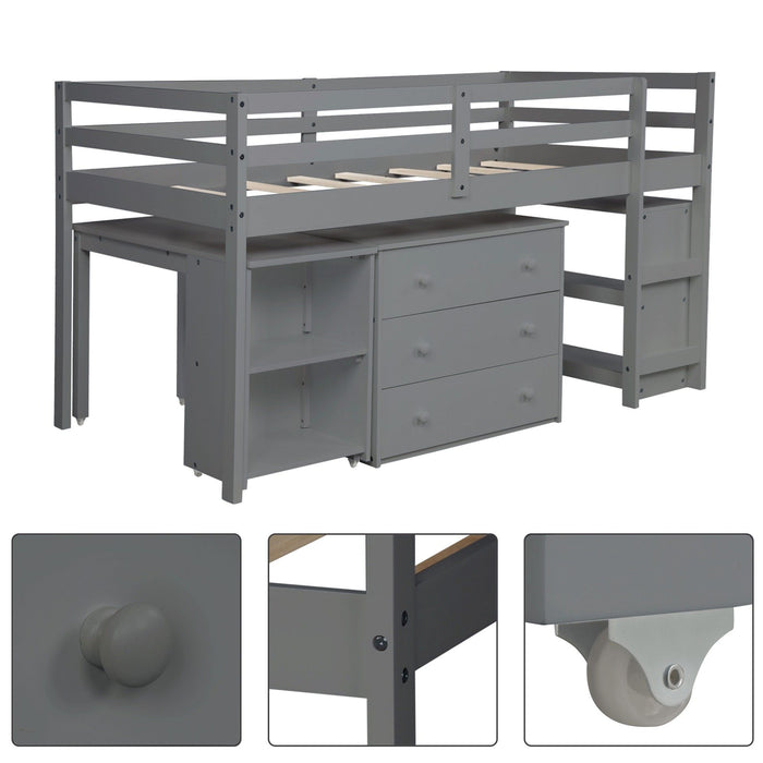 Low Twin Loft Bed With Cabinet and Desk - Gray